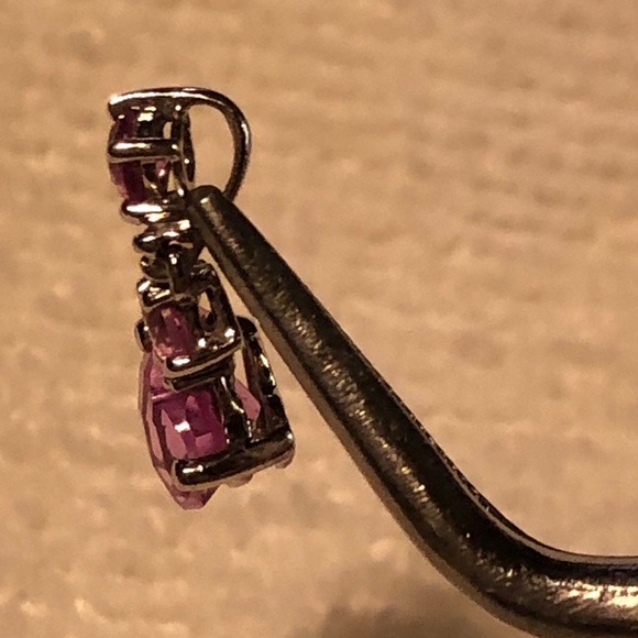 Pink Sapphire Triple Stone Heart Drop Pendant 10K - Picture 5 of 11